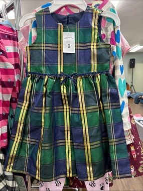 Bonnie Jean Green and Navy Plaid Metallic Trim Party Dress